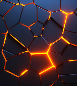 Abstrakter geometrischer Hintergrund. Explosionsleistung mit zerdrückter Oberfläche. Das Feuer scheint durch die gerissene Oberfläche. 3D-Abbildung. (C) Shutterstock, K_E_N